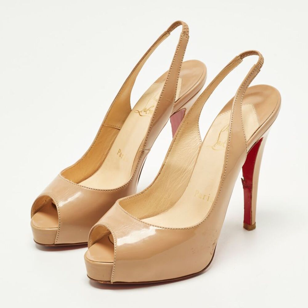Christian Louboutin Lady Peep Sling Size 35 Beige Patent Leather Platform Pumps - Picture 2 of 7